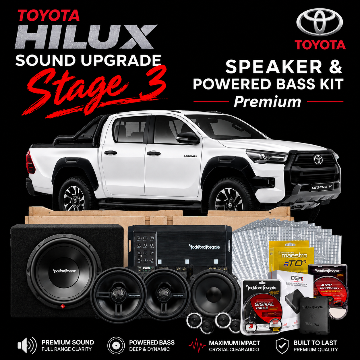 TOYOTA HILUX SOUND UPGRADE Stage 3 – SPEAKER & POWERED BASS KIT – Premium